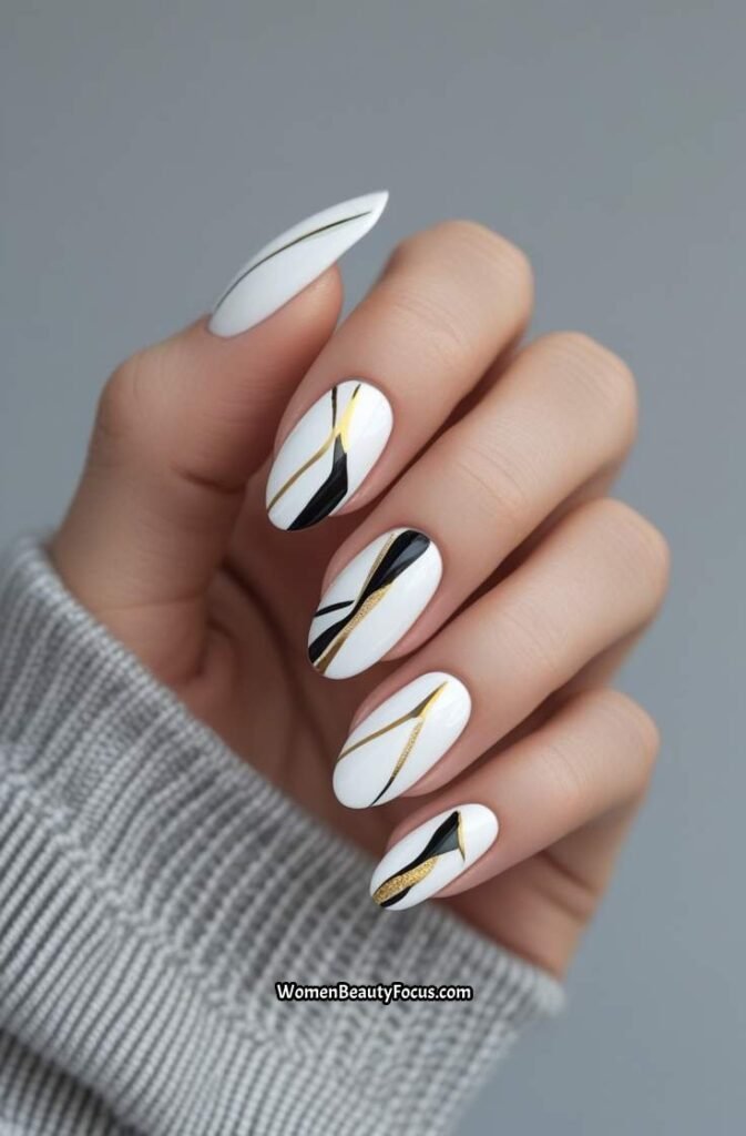 7. White Nails with Abstract Art
