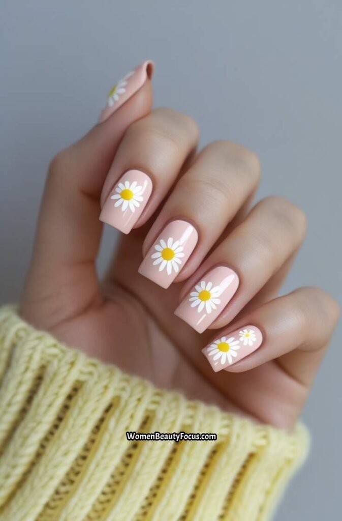 8. Baby Pink Nails with White Daisies