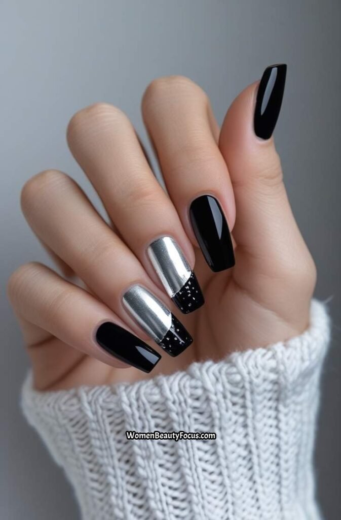 8. Black French Tips with Silver Foil