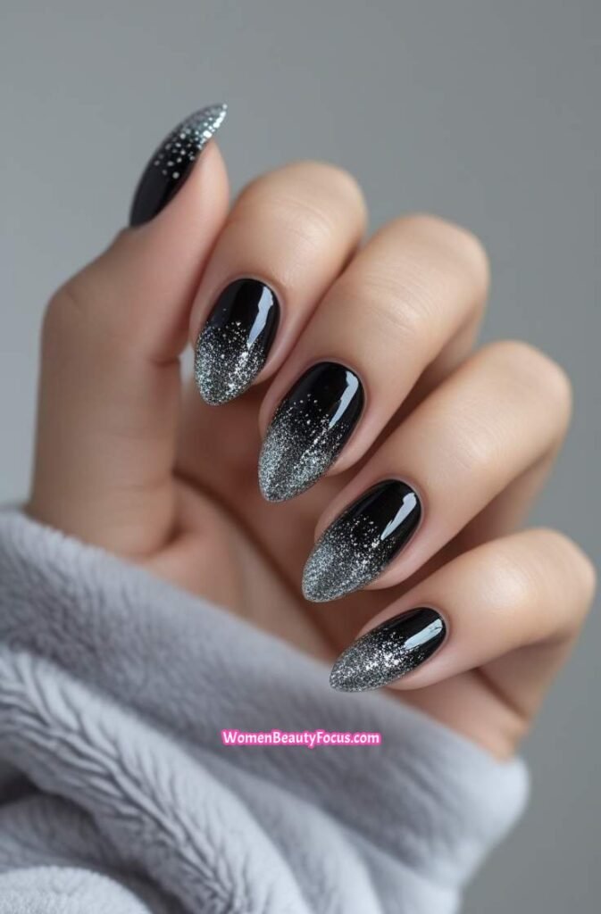 8. Black Glitter Gradient Nails