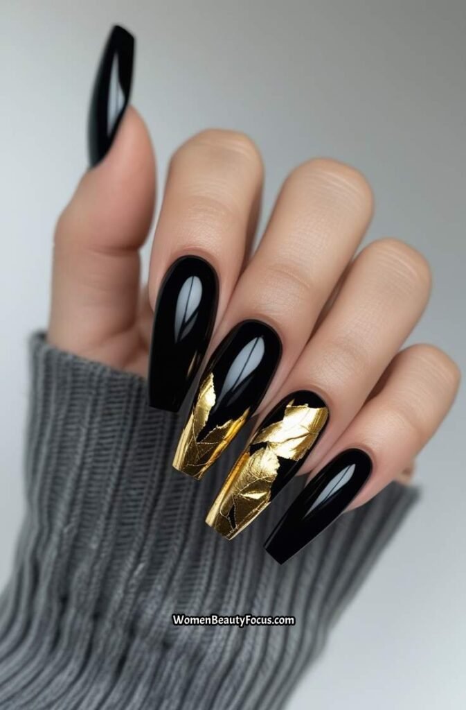 8. Black Nails with Gold Leaf Foil