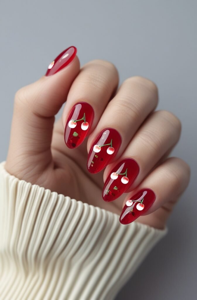 8. Cherry Themed Jelly Nails