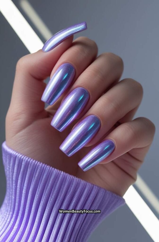 8. Chrome Lavender Coffin Nails