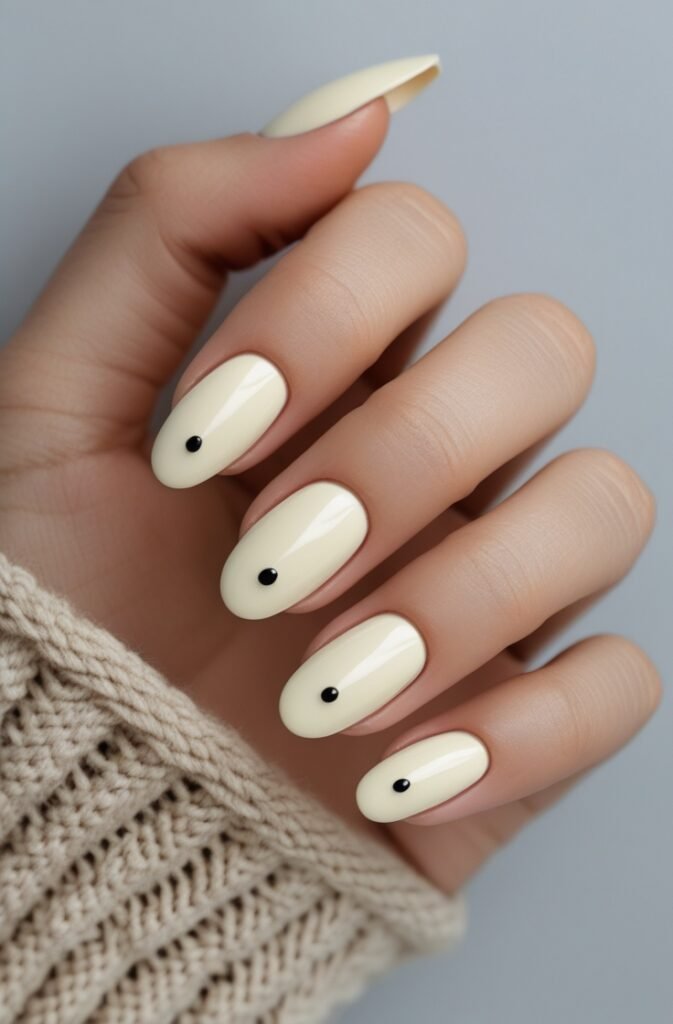 8. Cream White Nails with Minimal Dot Detail