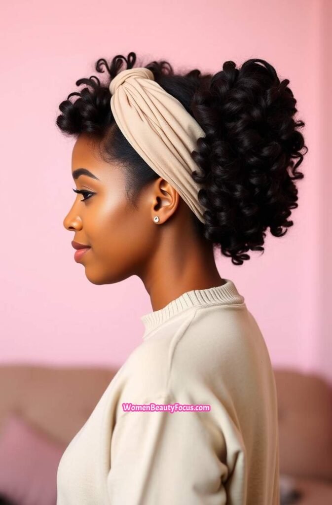 8. Curly High Bun with Head Wrap Accent Side View