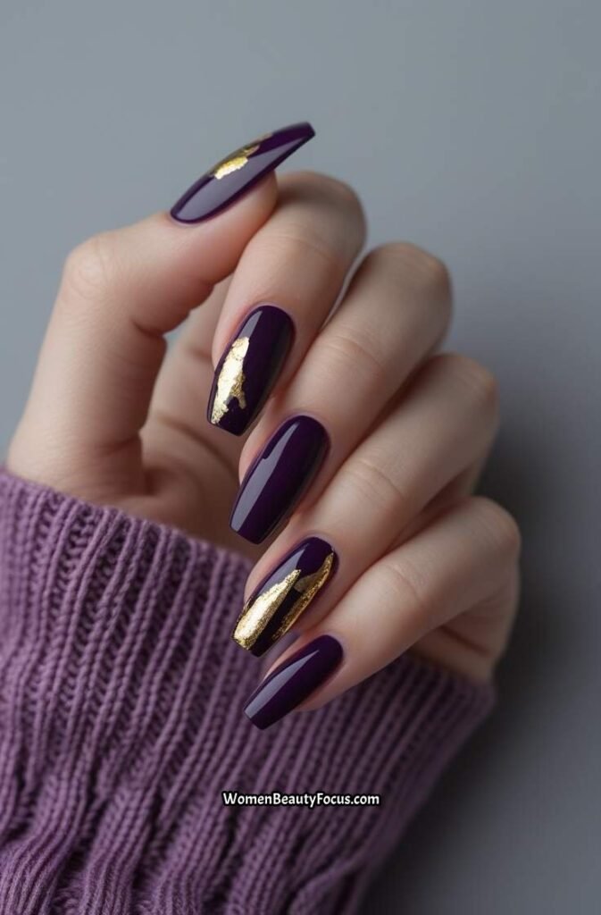 8. Dark Purple Nails with Gold Foil