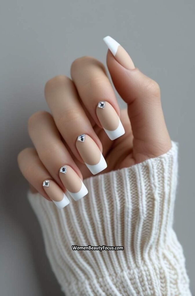 8. French Tips with Diamond Like Crystal Detail