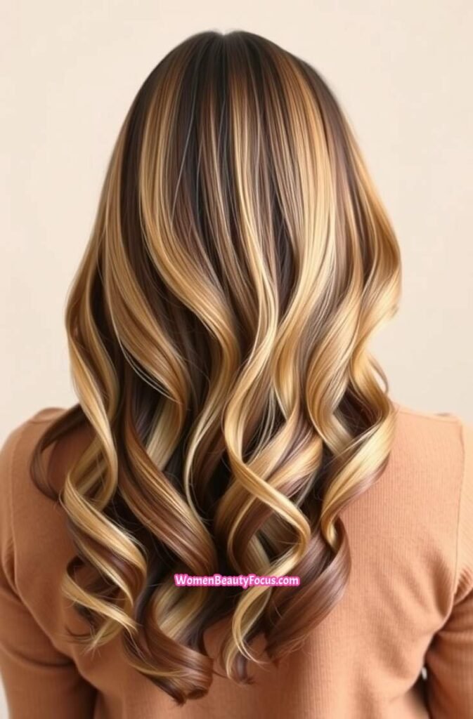 8. Glossy Sandy Blonde Balayage Waves Back View