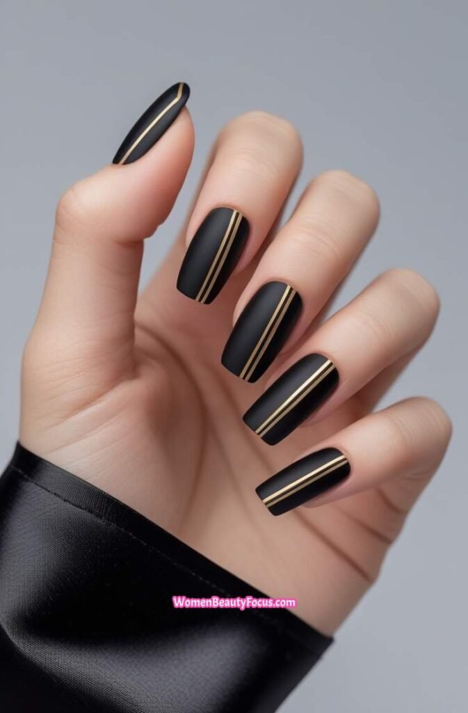 8. Matte Black and Gold Square Nails