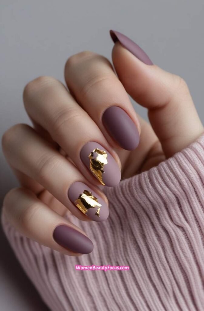 8. Matte Mauve Nails with Gold Foil
