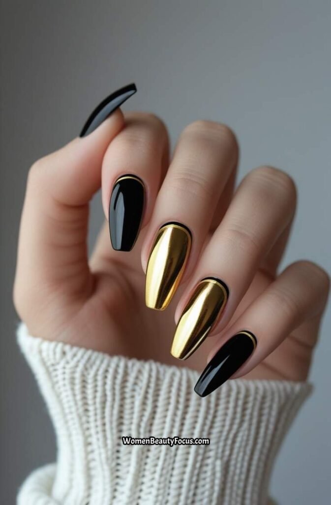 8. Metallic Gold and Black Nails