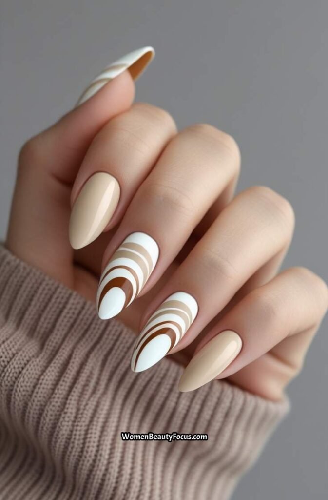 8. Neutral Swirl Nails with Glossy Finish