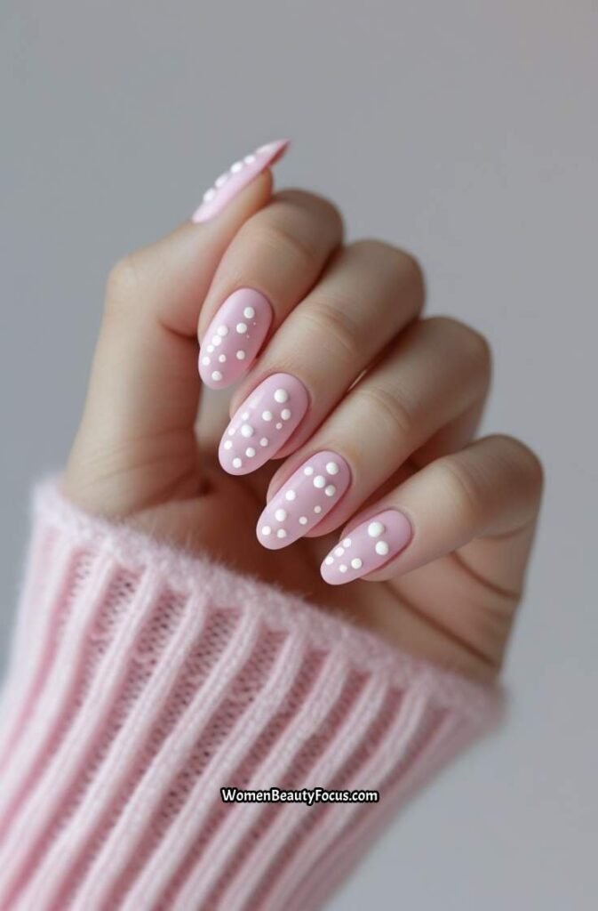 8. Pastel Pink Nails with White Dots