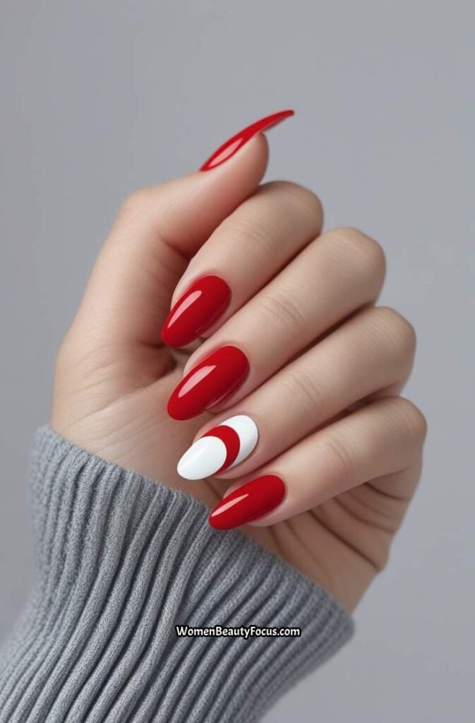 8. Red Half Moon Nails with White Tips
