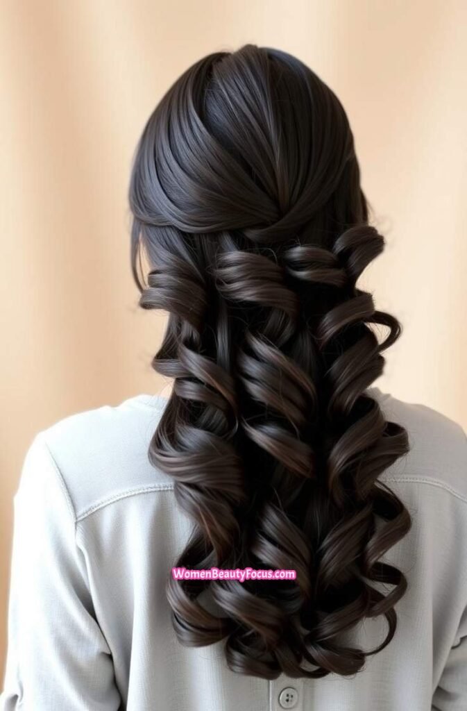 8. Soft Black Hair with Gentle Curls Back View