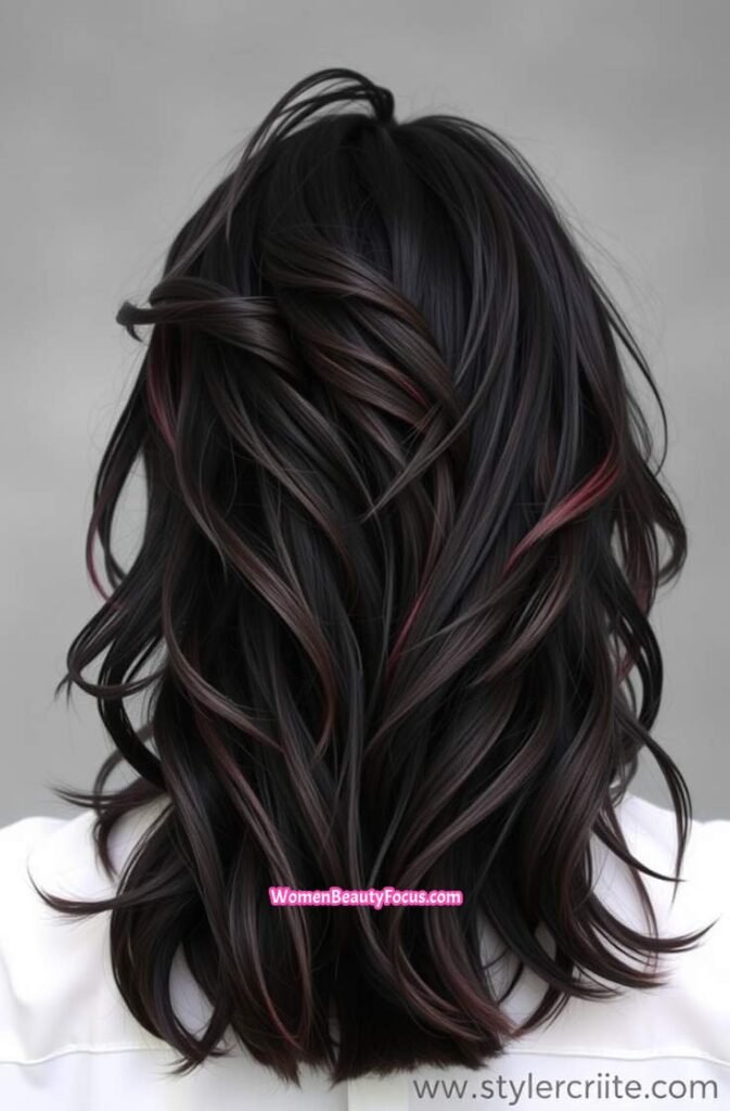 8. Tousled Black Hair with Red Accents Back View
