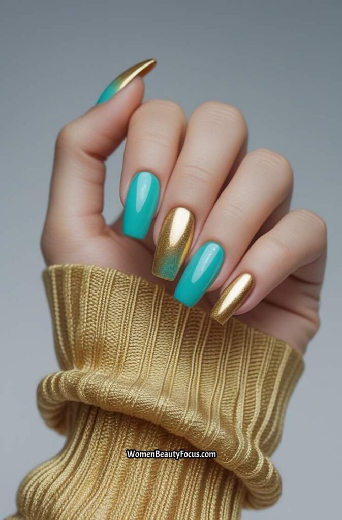 8. Turquoise and Gold Ombre Nails