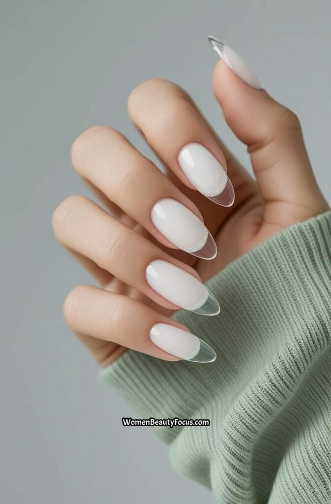 8. White Nails with Clear Tips