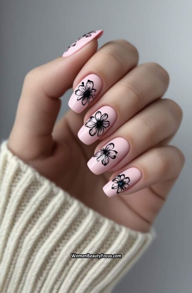 9. Black and Pink Floral Nail Art