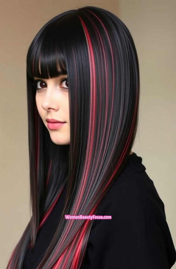 9. Black and Red Highlighted Long Straight Hair FrontStraight View