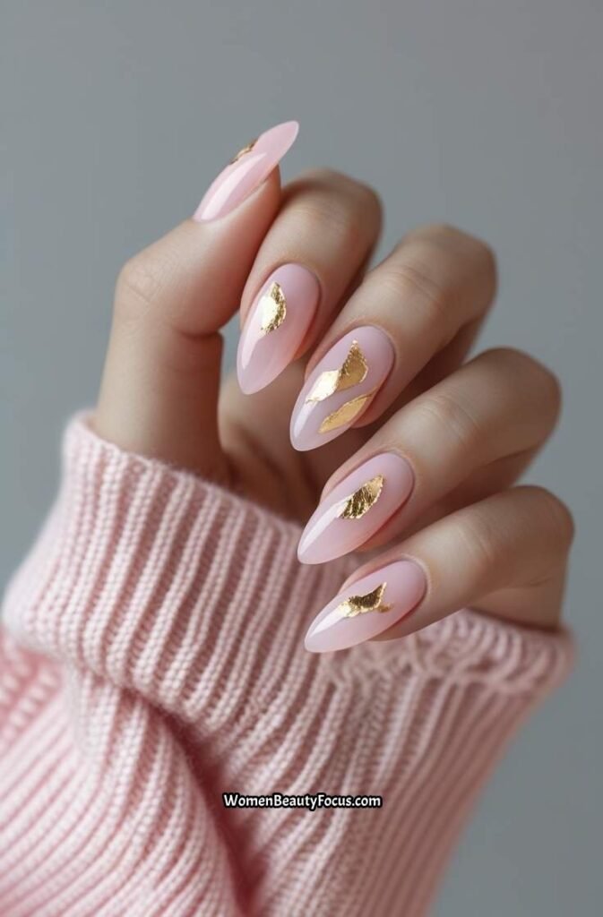 9. Blush Pink Almond Nails with Gold Leaf