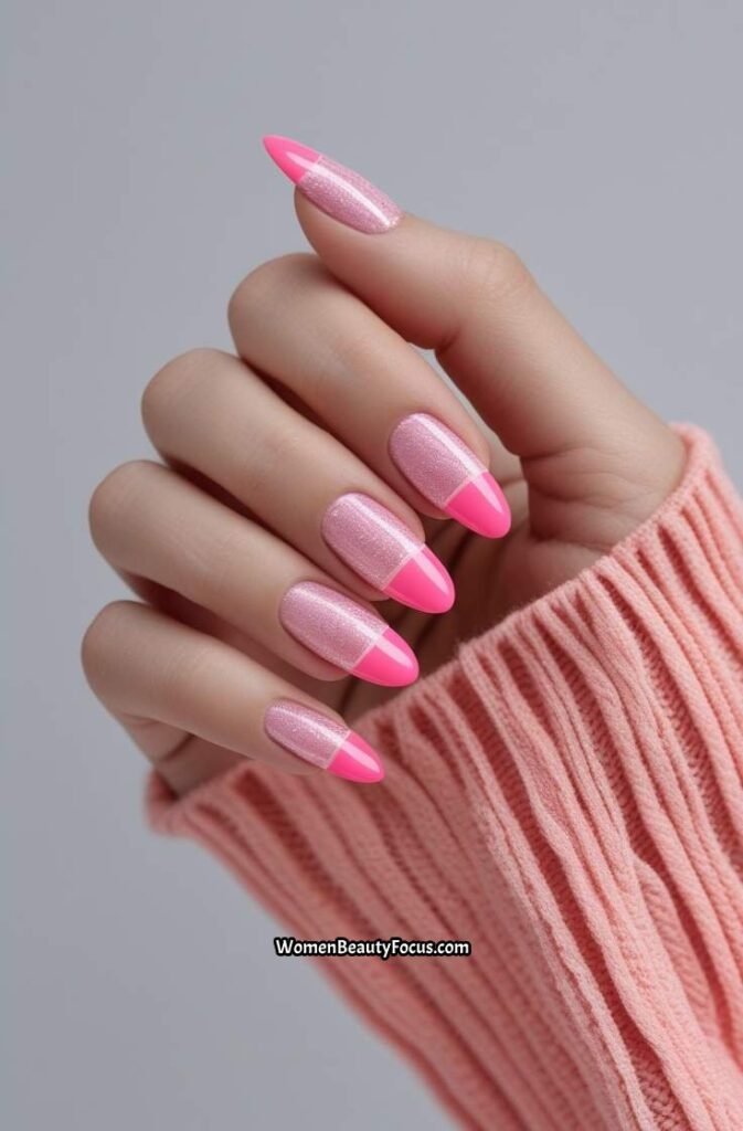 9. Candy Pink French Tips with Micro Glitter Base