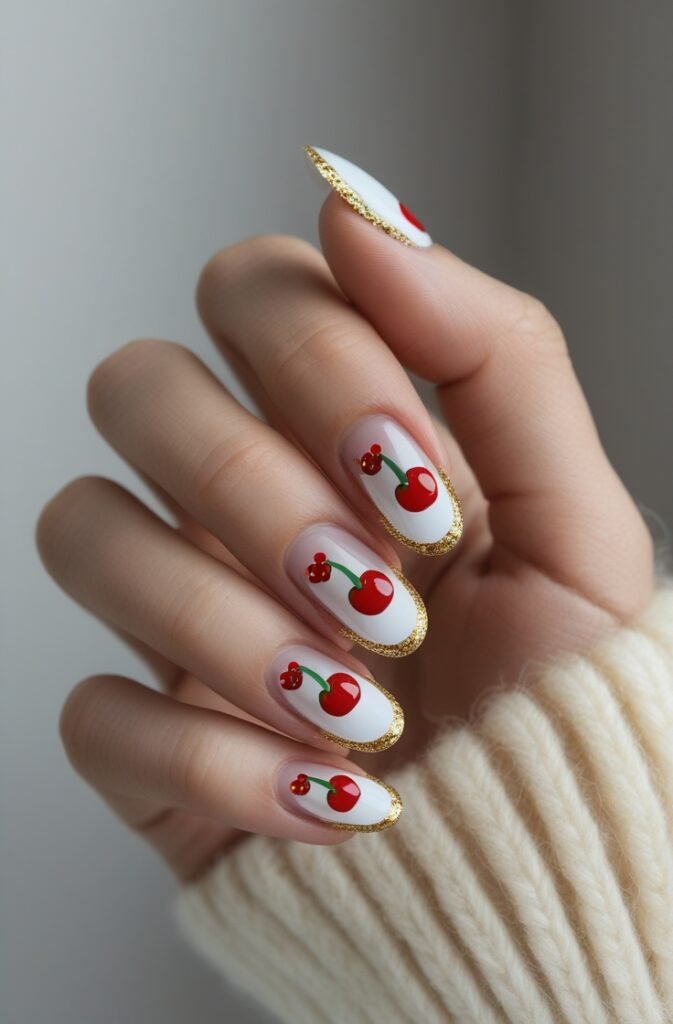 9. Cherry French Tips with Gold Glitter
