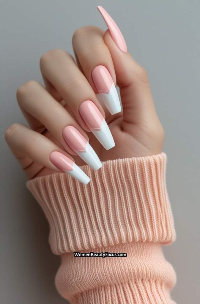 9. Dual Tone French Tips with White and Pink