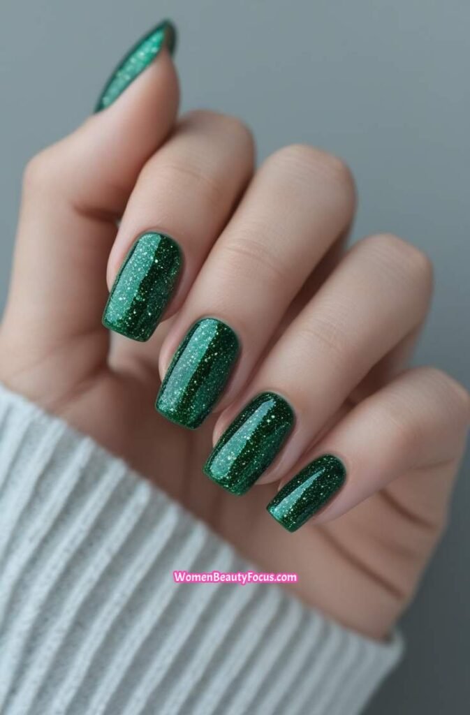 9. Glittery Emerald Green Square Nails