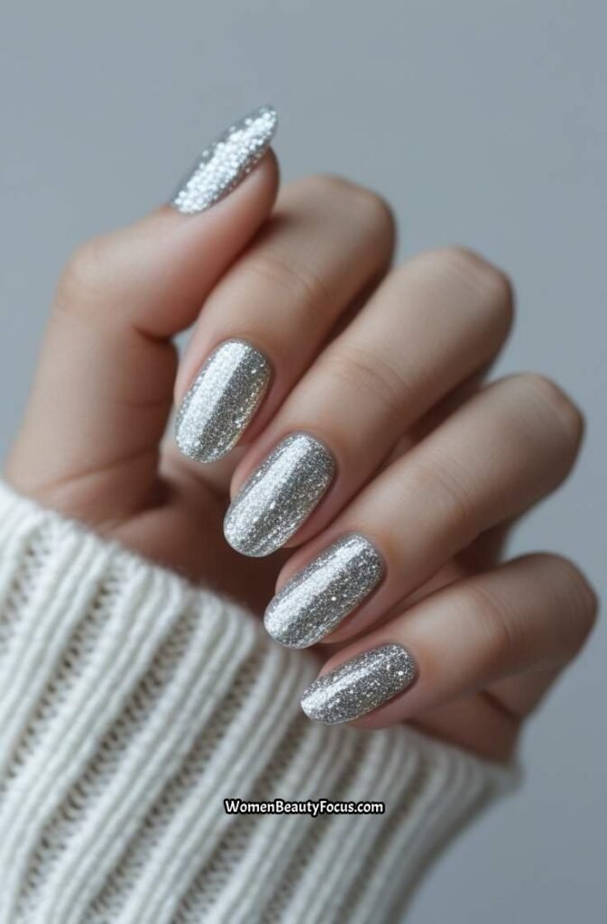 9. Glittery Silver Nails for a Sparkling Glam Look