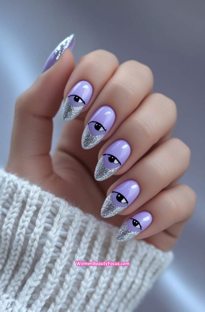9. Lavender Cat Eye Nails with Silver Glitter