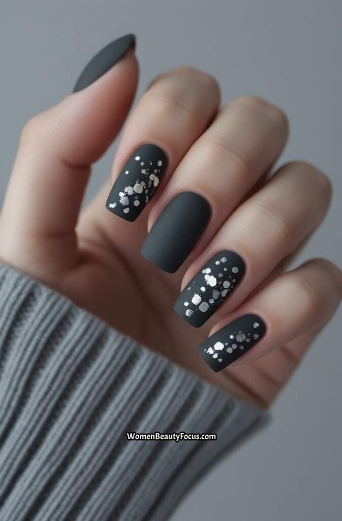 9. Matte Charcoal Nails with Silver Foil Accents