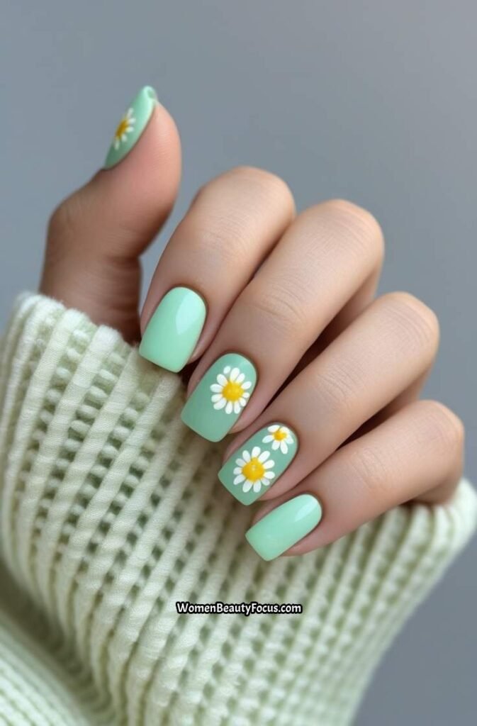 9. Mint Green Nails with Tiny Florals