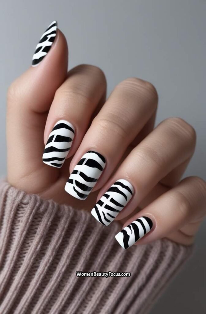 9. Monochrome Zebra Print Nails