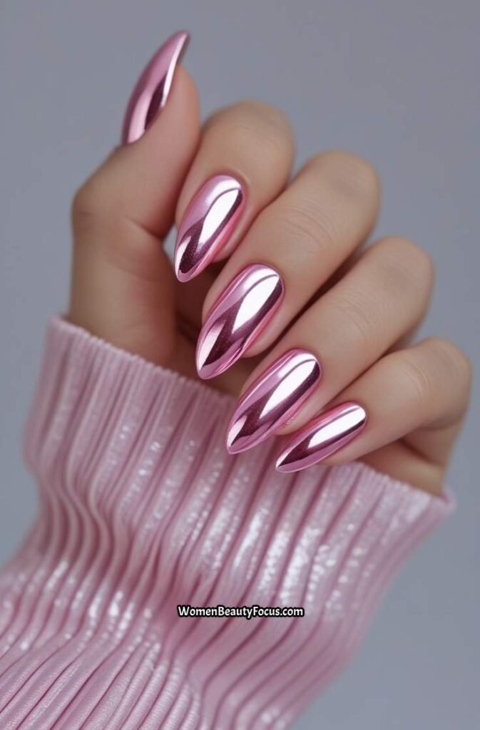 9. Pink Chrome Nails with a Mirror Shine