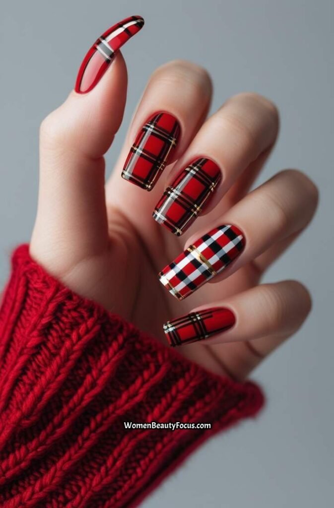9. Red Tartan Nails with Gold Accents