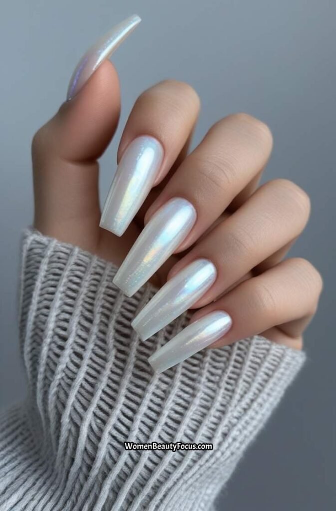 9. Shimmery Pearl White Coffin Nails
