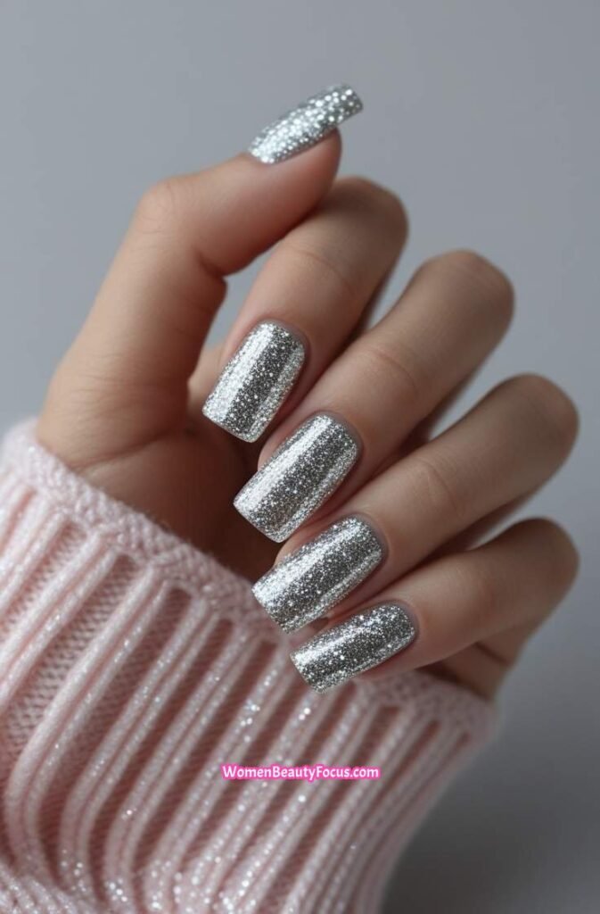 9. Sparkling Silver Square Nails