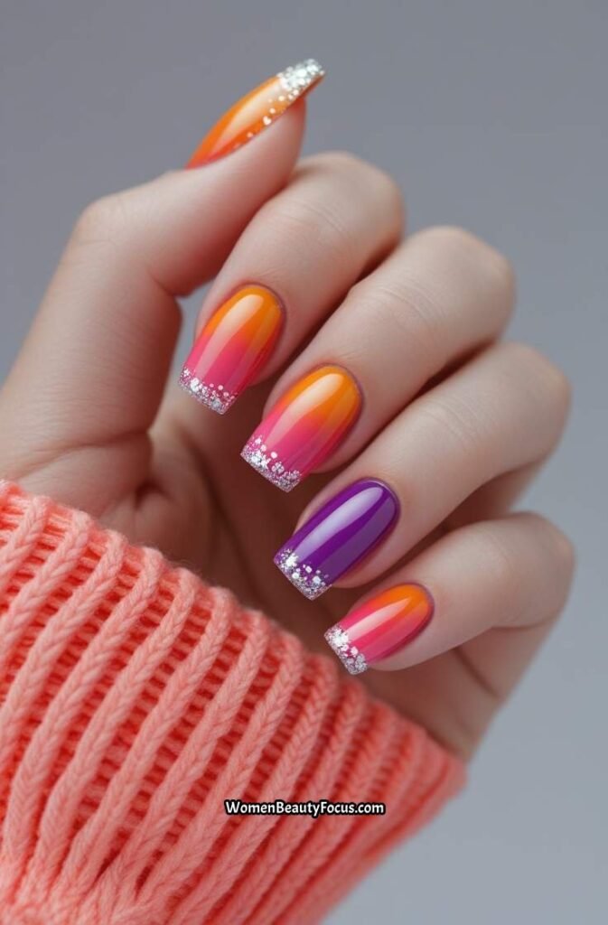 9. Sunset Gradient Nails with Silver Sparkles