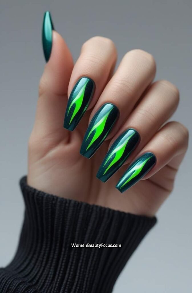 9. Teal Flame Cat Eye Nails