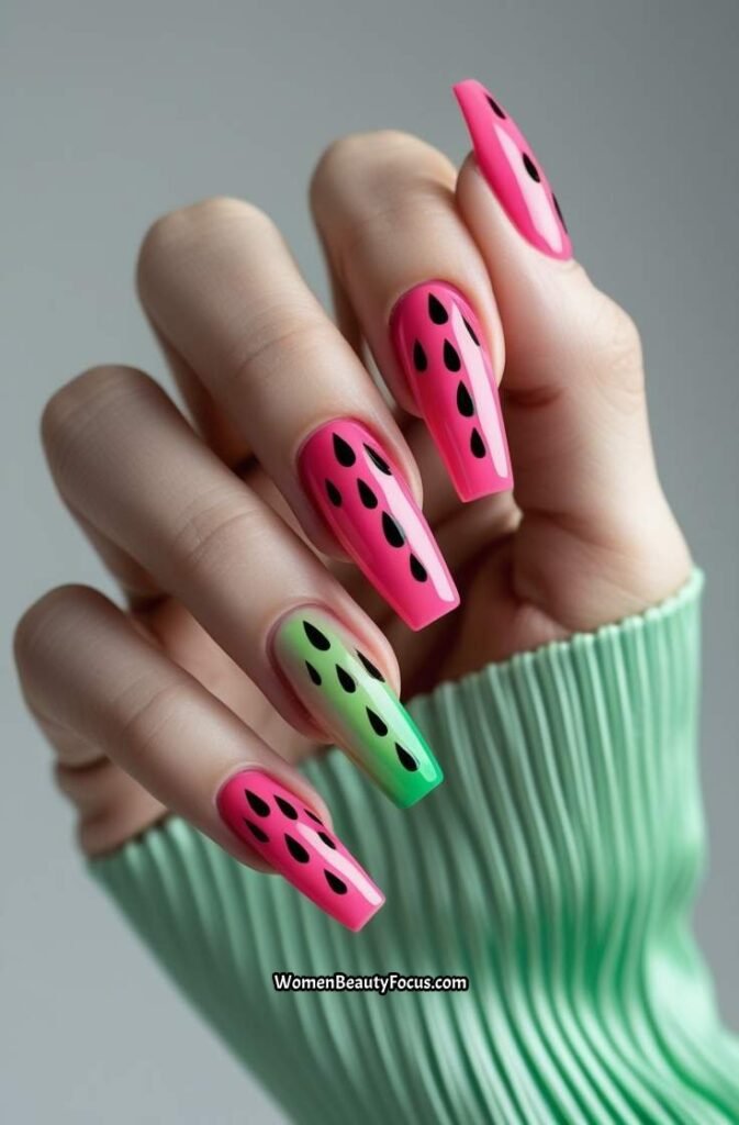 9. Watermelon Inspired Coffin Nails