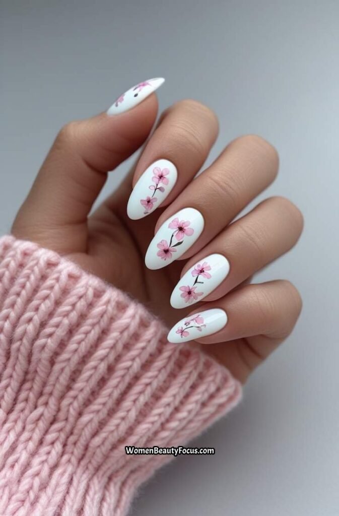 9. White and Pink Floral Nails